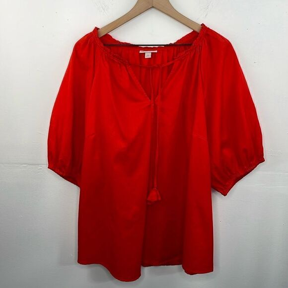 Knox Rose Boho Peasant Style with tassel tie orange red Puffy Sleeves Top 2X - Picture 1 of 11